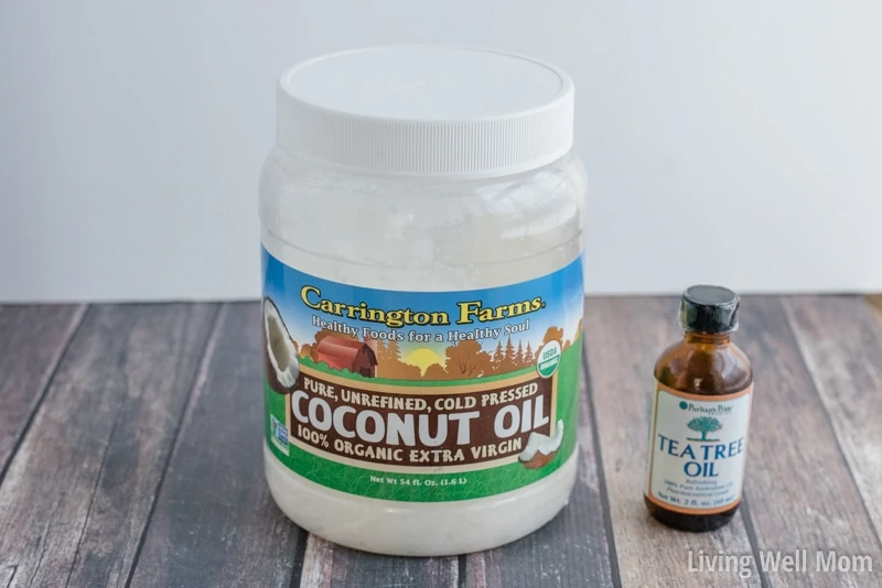 Ingredients for natural flaky scalp treatment - coconut oil and tea tree