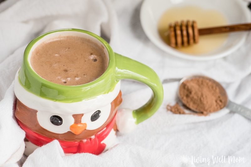 warm hot chocolate in a green owl mug on a white towel with cocoa powder and honey in a bowl