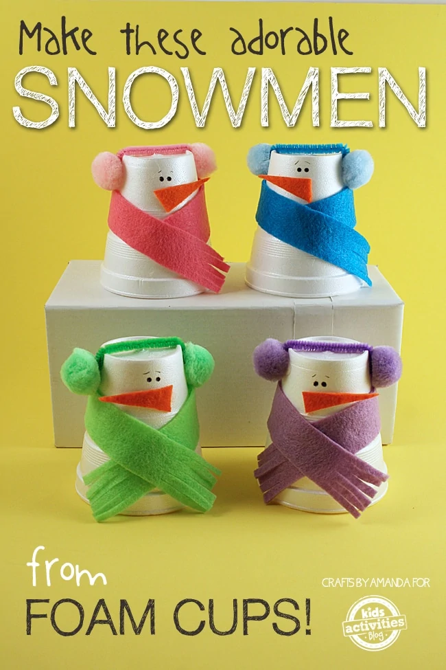 four little DIY plastic cup snowmen 