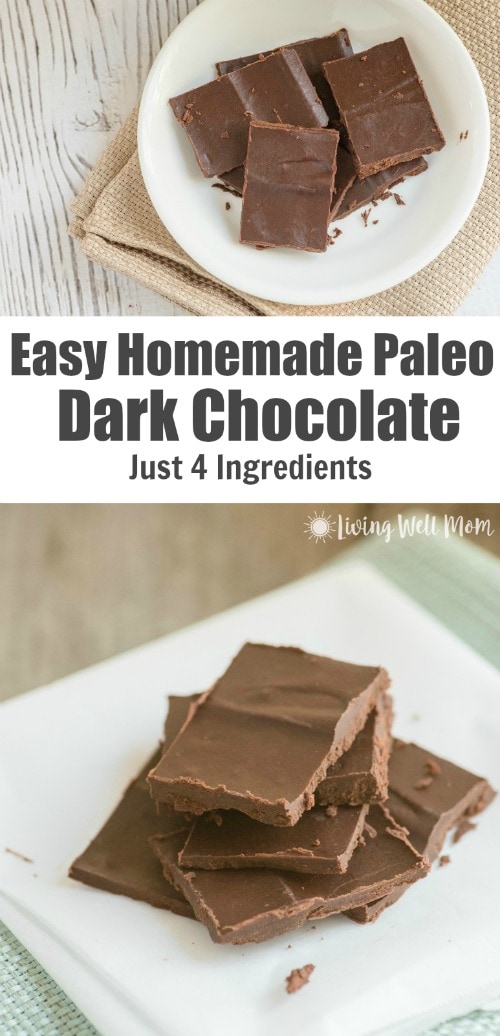 Trying to eat healthier? Try this simple recipe for Homemade Paleo Dark Chocolate. With just 4 simple ingredients, it's inexpensive, very easy to make, and delicious! With no dairy, soy, or refined-sugar that's found in regular chocolate from the store, this homemade version is perfect.