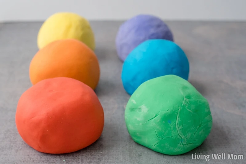 6 colored balls of homemade play dough