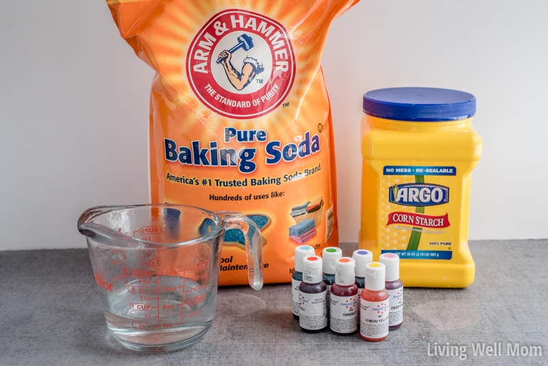 Ingredients for gluten free play dough including baking soda, corn starch and food coloring.