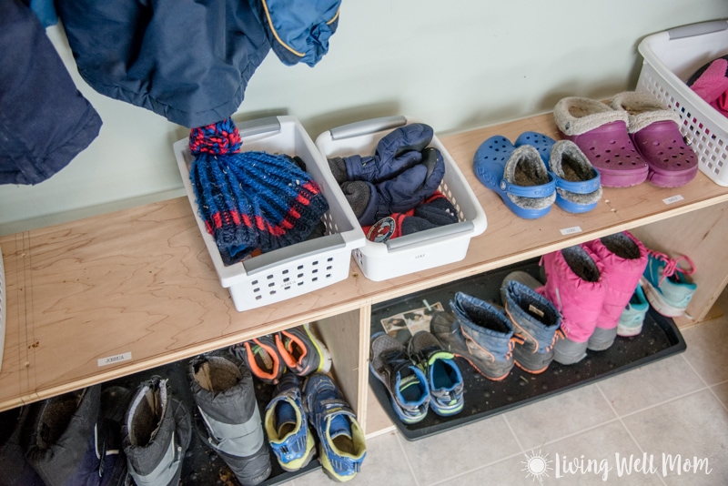 Storage ideas for winter gear hats mittens scarves boots