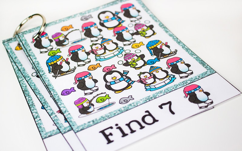 Winter I Spy Activity Game card with penguins
