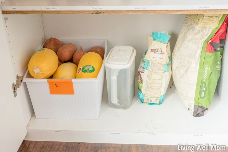 Bottom shelf of an organized pantry with produce and baking bins