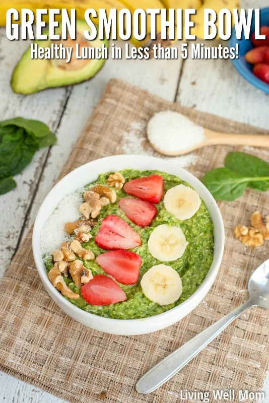 Looking for a healthy lunch idea? This Green Smoothie Bowl takes less than 5 minutes to make and is an almost effortless way to get fruits and vegetables into your diet! And It's so tasty you won't even guess that the only sweetener is a banana! (Paleo, Dairy-Free, Grain-Free, Refined Sugar-Free)