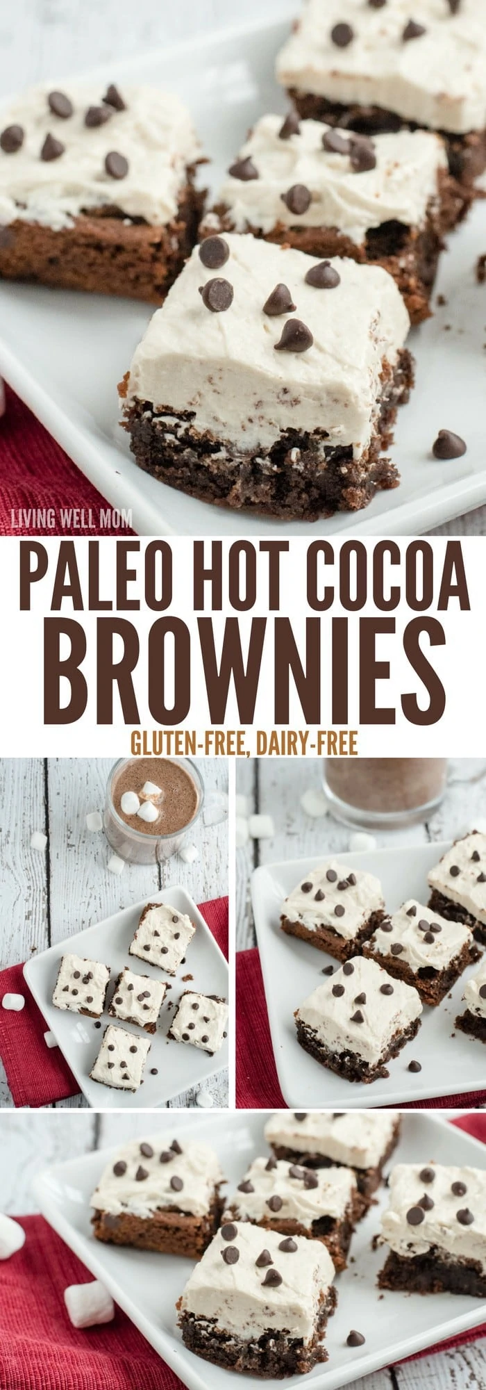Hot Cocoa Brownies are chewy and delicious with little bursts of chocolate chunks and a creamy “marshmallow” frosting. No one ever guesses this recipe is Paleo, gluten-free and dairy-free!