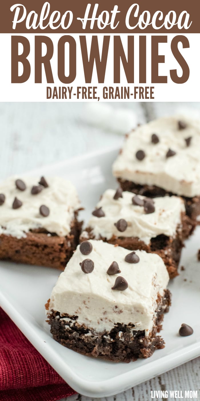 Hot Cocoa Brownies are chewy and delicious with little bursts of chocolate chunks and a creamy “marshmallow” frosting. No one ever guesses this recipe is Paleo, gluten-free and dairy-free!