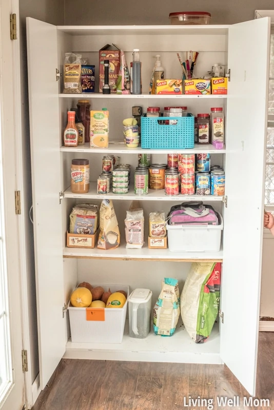 Organized pantry with shelves labeled