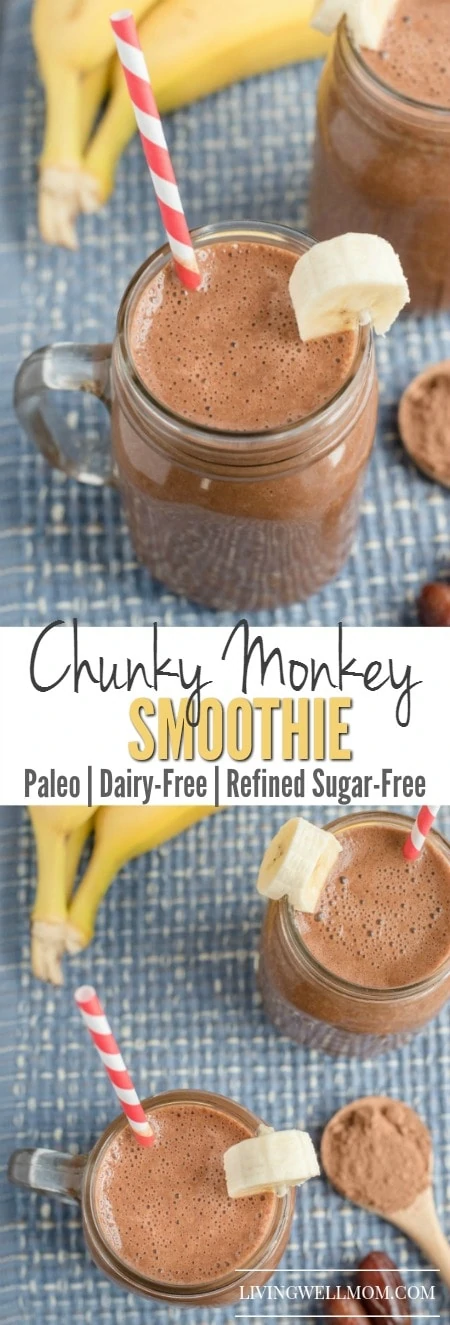 Craving chocolate? This quick-and-easy Chunky Monkey Smoothie recipe is Paleo-friendly with no dairy or refined sugar and satisfies that sweet tooth every time. With just 5 simple ingredients, this dessert smoothie is perfect as an afternoon snack or after dinner treat. 