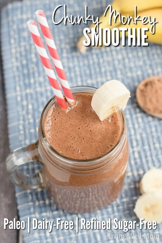 Craving chocolate? This quick-and-easy Chunky Monkey Smoothie recipe is Paleo-friendly with no dairy or refined sugar and satisfies that sweet tooth every time. With just 5 simple ingredients, this dessert smoothie is perfect as an afternoon snack or after dinner treat. 