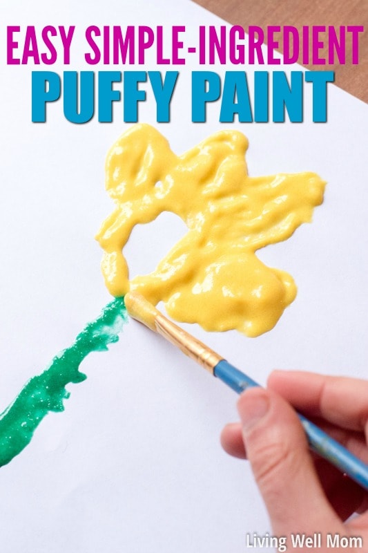 A fun new take on painting for kids - puffy paint! This easy activity requires just a few ordinary ingredients (no shaving cream!) and takes less than 5 minutes to make! Kids of all ages will love creating puffy artwork!