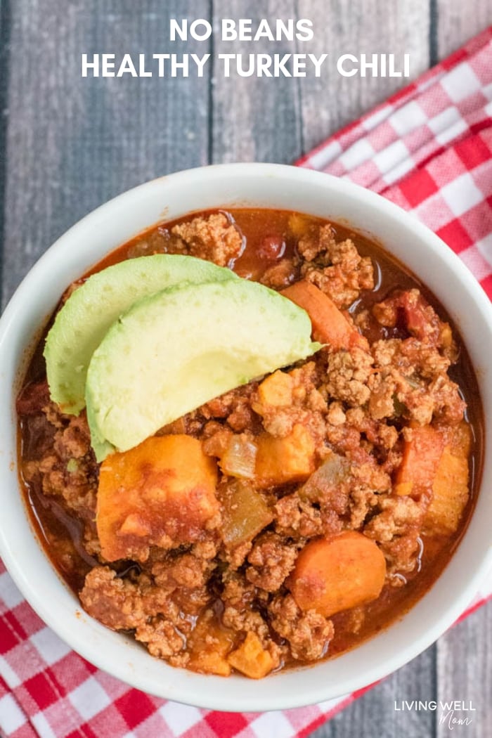 a close up of Beanless Turkey & sweet potato chili in a bowl