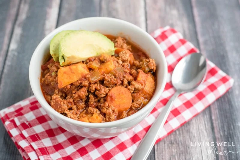 a close up of Beanless Turkey & sweet potato chili in a bowl