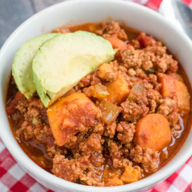 A close up of Beanless Turkey and Sweet potato Chili in a bowl