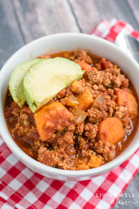 A close up of Beanless Turkey and Sweet potato Chili in a bowl