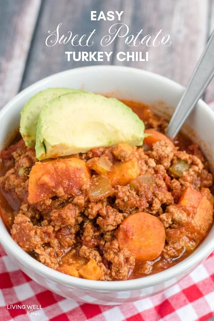 a close up of Beanless Turkey & sweet potato chili in a bowl
