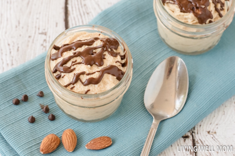 easy chocolate dessert in jars with spoon nearby