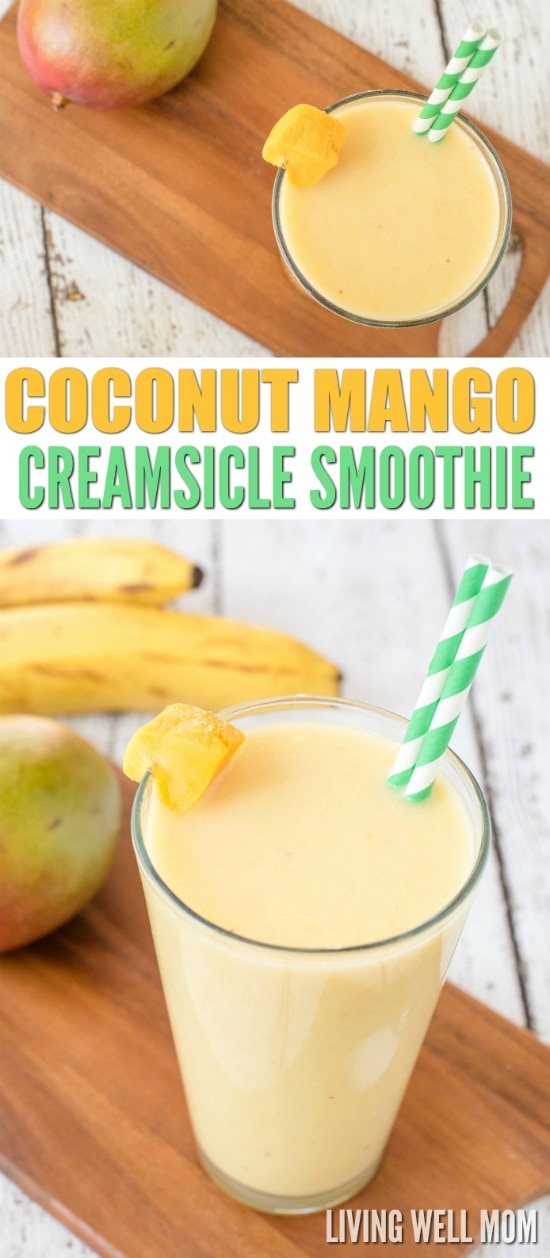 This Coconut Mango Creamsicle Smoothie has a delicious blend of mango and coconut milk, plus a secret healthy ingredient that adds the "creamsicle" factor! Dairy-free, refined sugar-free, Paleo recipe