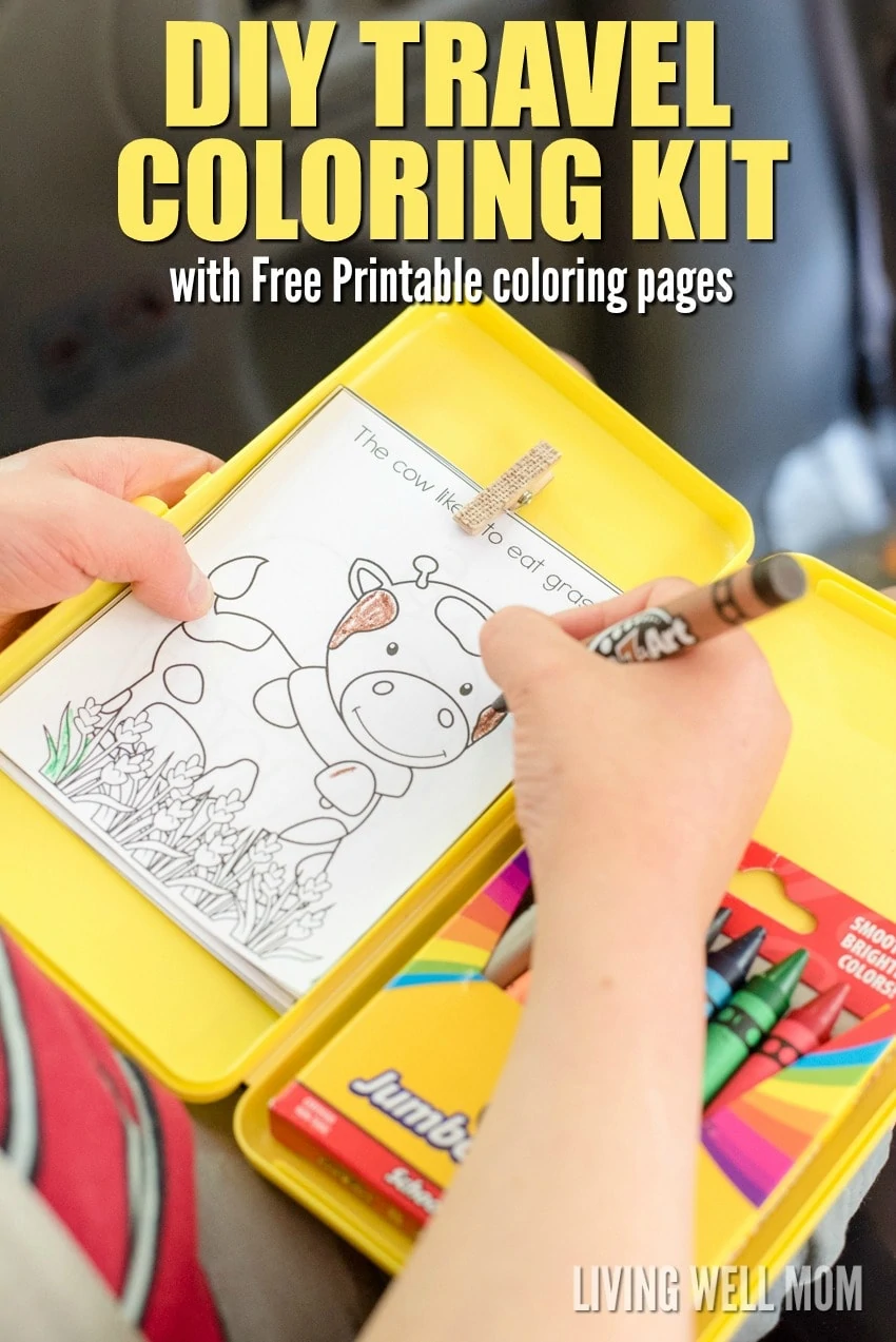 Keep your kids occupied on road trips with this easy-to-make DIY Travel Coloring Kit. It has everything kids need to color, including a clip for coloring pages and an attached crayon box so they're less likely to drop things. Plus free printable coloring pages - the perfect size for this kit!