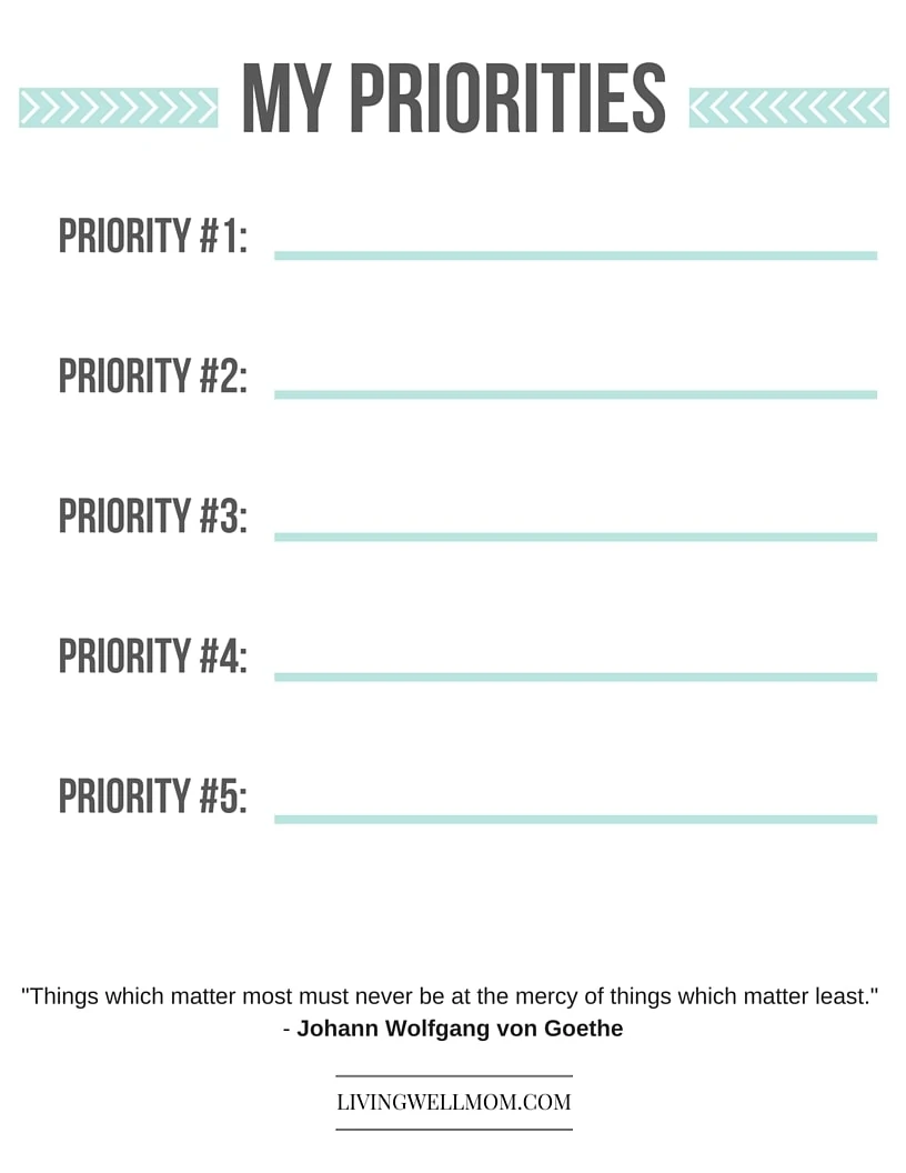 The simple solution to reducing stress and doing what really matters....Download this free printable "Priorities" list now!