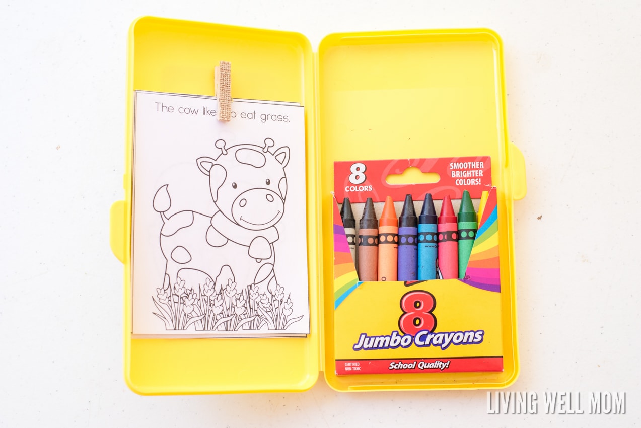 Keep your kids occupied on road trips with this easy-to-make DIY Travel Coloring Kit. It has everything kids need to color, including a clip for coloring pages and an attached crayon box so they're less likely to drop things. Plus free printable coloring pages - the perfect size for this kit!