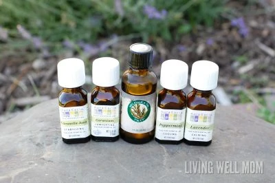 close-up of essential oil bottles on rock outside