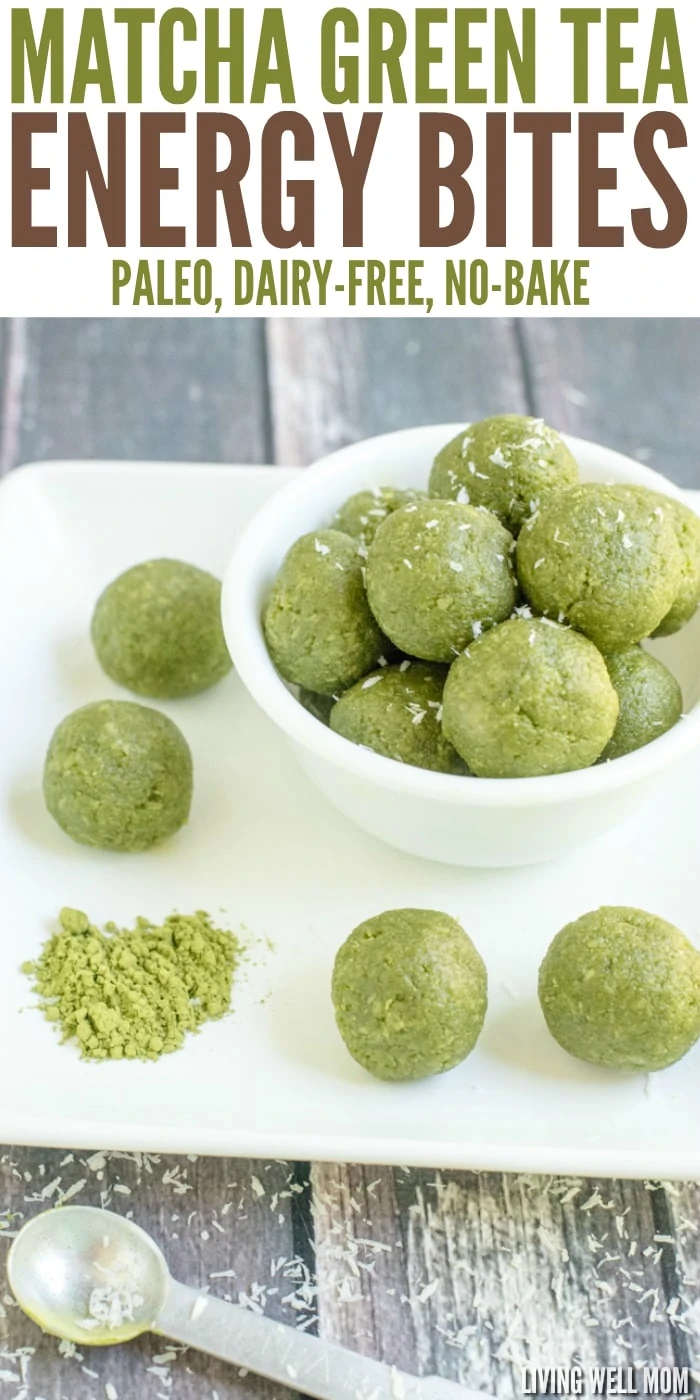 matcha green tea no-bake energy bites in a white bowl