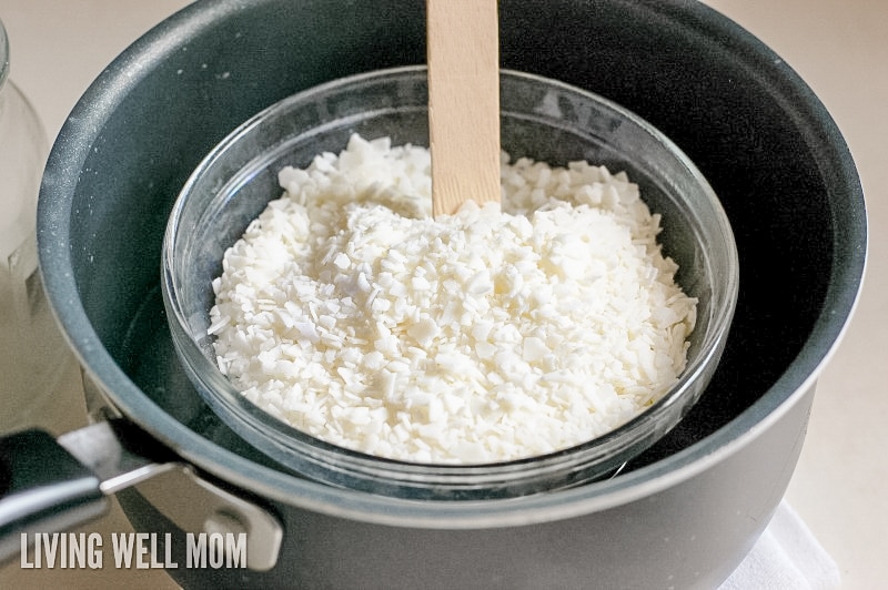 wax pellets being melted in a make-shift double boiler