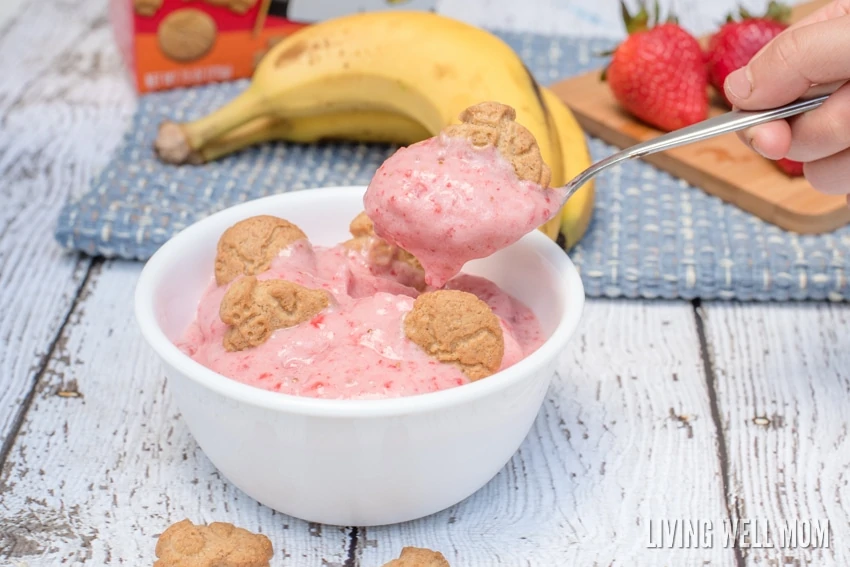 This recipe for Strawberry Banana Ice Cream is a wholesome alternative to regular ice cream and so quick and easy, it's ready in 3 minutes! With just 4 simple ingredients, you'll have a delicious snack or dessert everyone will love, especially kids! (There's a no-fuss dairy-free option too!)