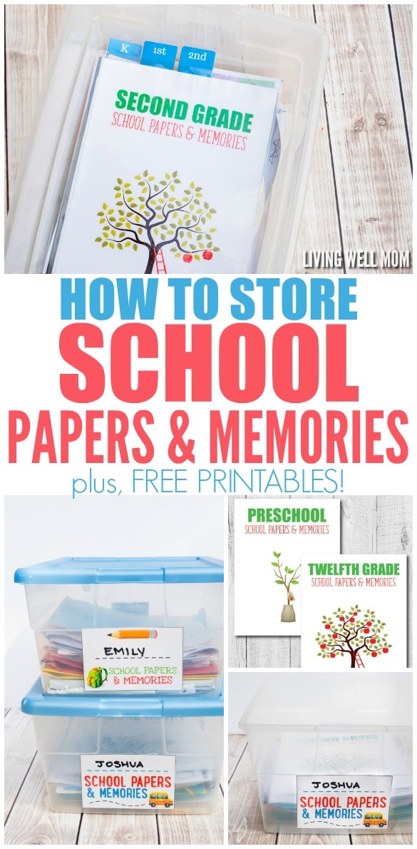 Need a better way to store your kids' school memories? Here's the inexpensive, simple way to organize & store school papers & memories with FREE printables!
