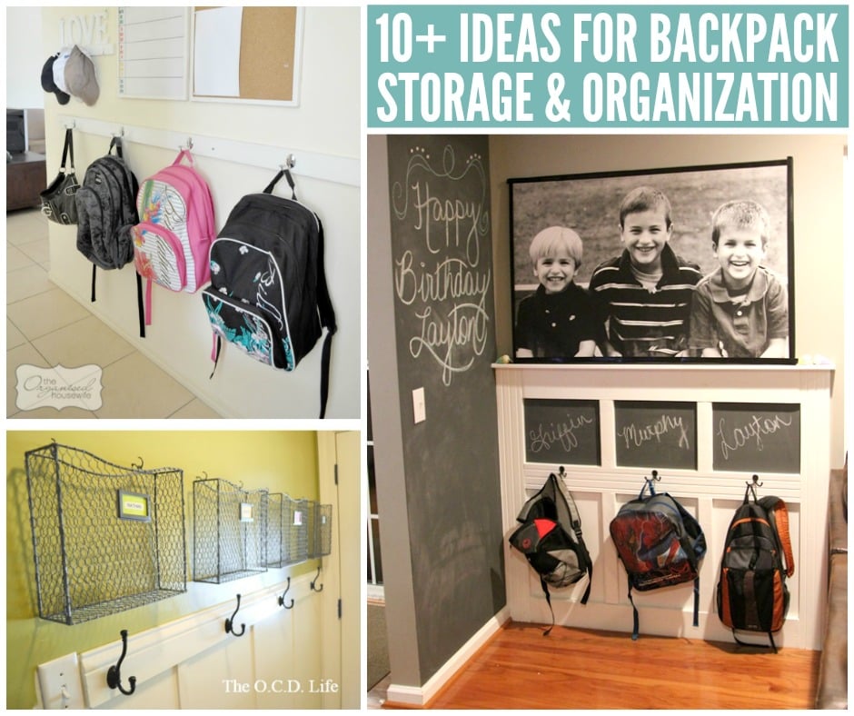 backpacks on wall hooks