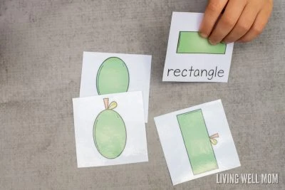 child holding square cards with green shapes