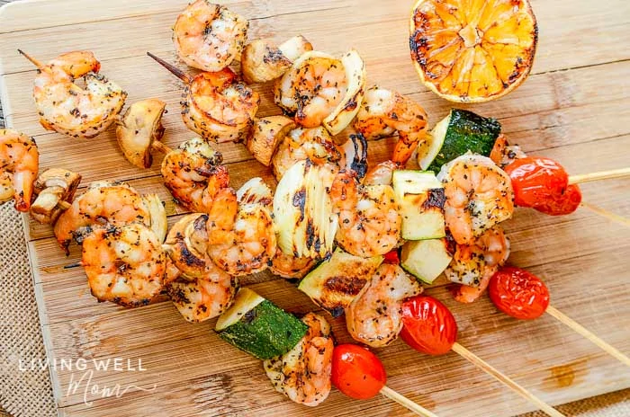 grilled shrimp and veggies on skewers