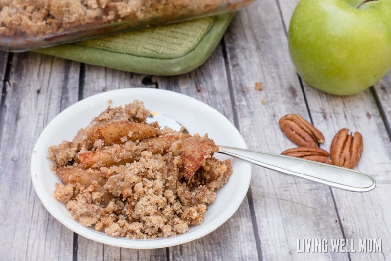 Plate of apple crisp with a fork in it