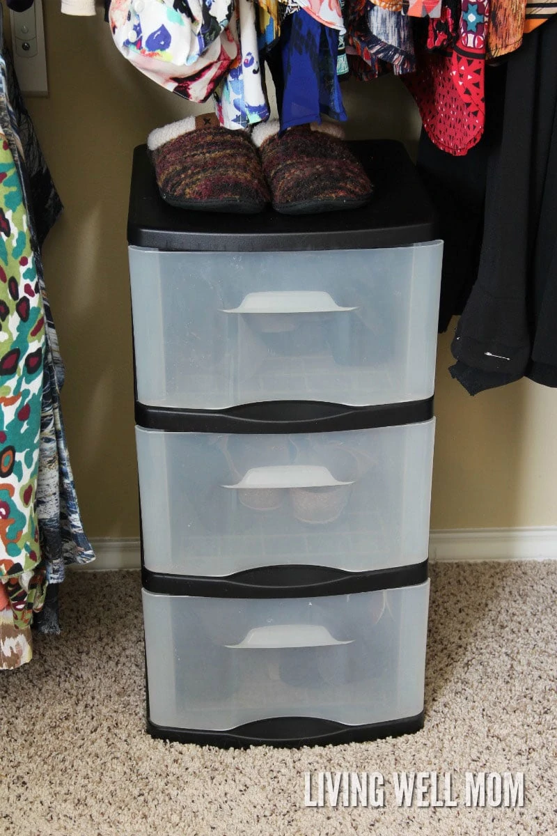 3-drawer plastic bin in a closet