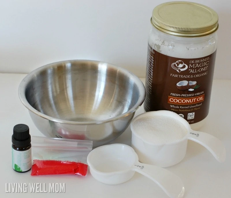 homemade peppermint scrub ingredients with coconut oil and essential oils