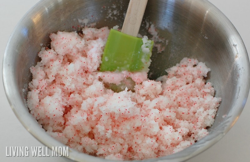 mixed homemade peppermint body scrub in a bowl