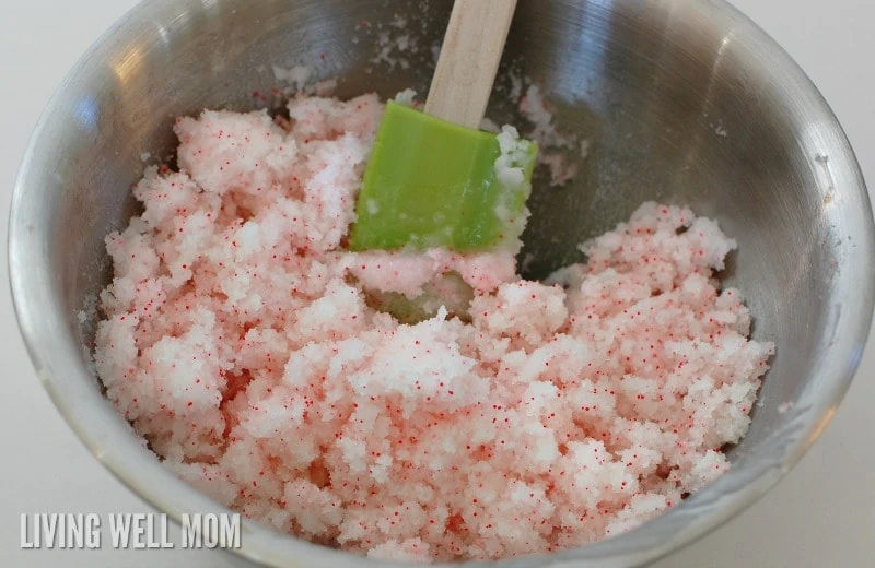 mixed homemade peppermint body scrub in a bowl