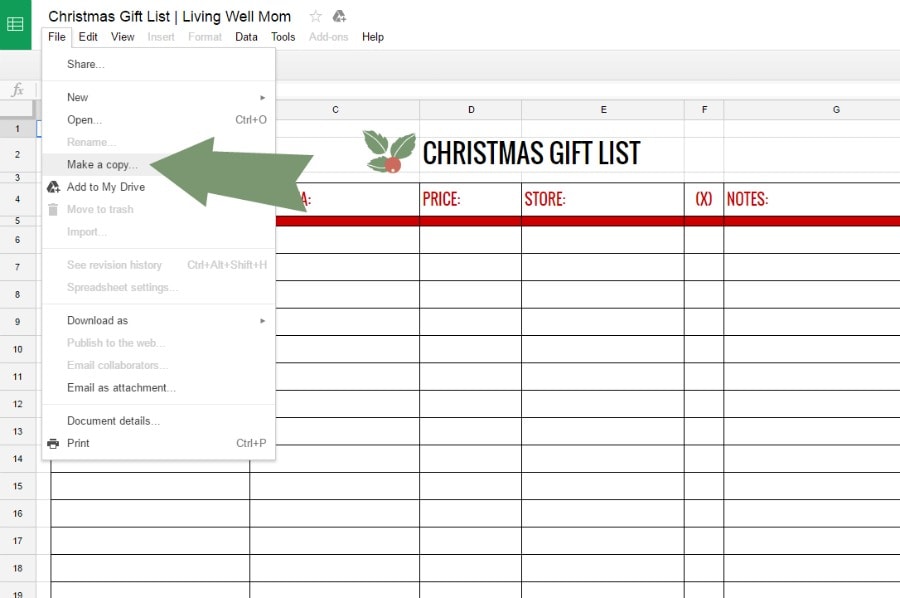 Google Sheets Gift List Template