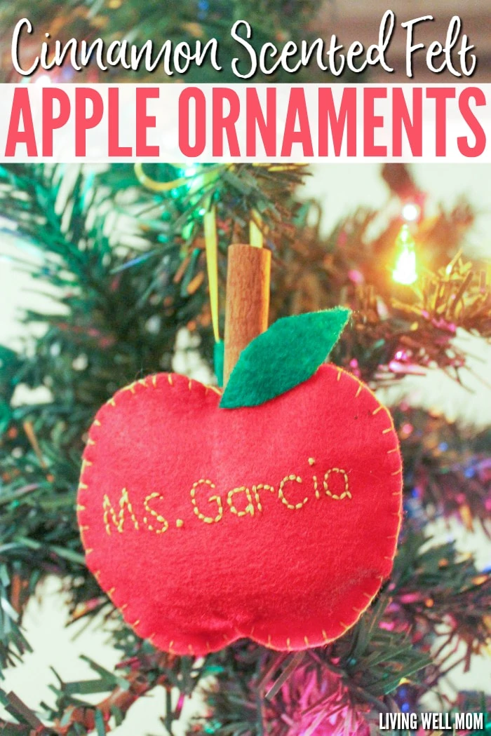 These Felt Apple Ornaments are easy for kids to put together and they have a secret - they're cinnamon-scented! Perfect for a homemade teacher gift, these DIY ornaments are a great craft activity for kids or a first sewing project.