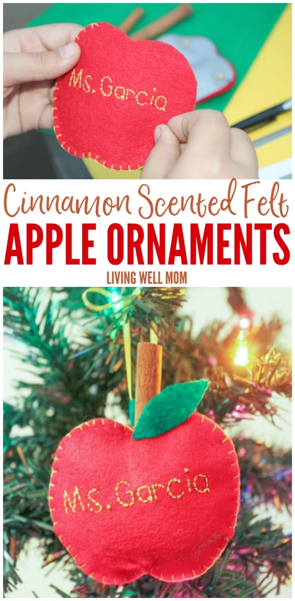 These Felt Apple Ornaments are easy for kids to put together and they have a secret - they're cinnamon-scented! Perfect for a homemade teacher gift, these DIY ornaments are a great craft activity for kids or a first sewing project.