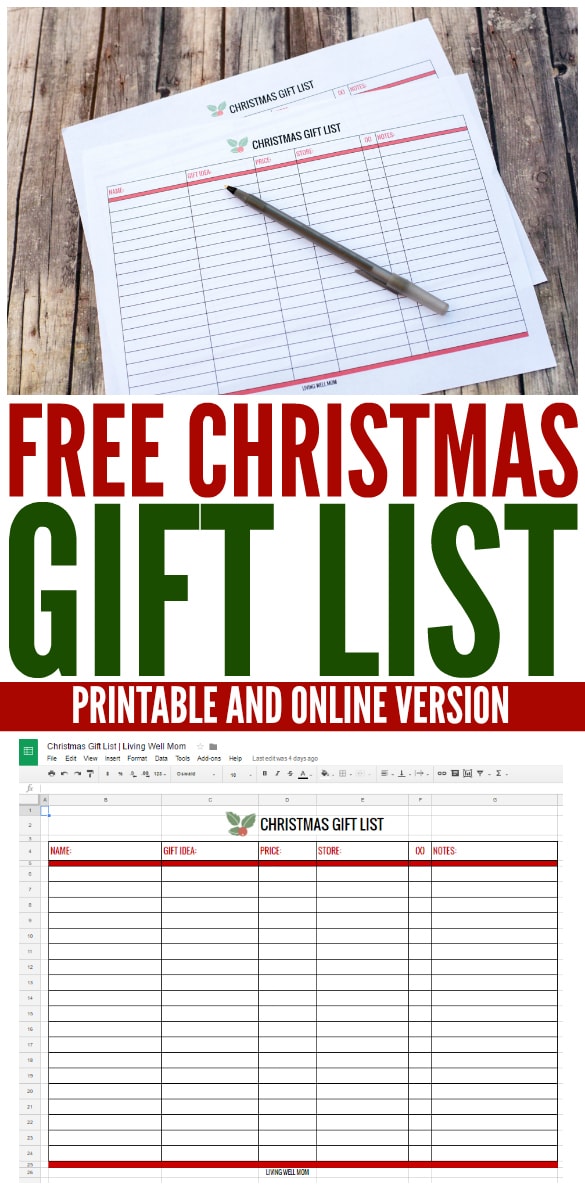 Printable christmas list with a pen