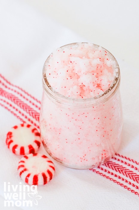 candy cane sugar scrub in a small glass jar