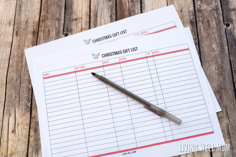 Free printable christmas list tracker for gifts on a table with a pen