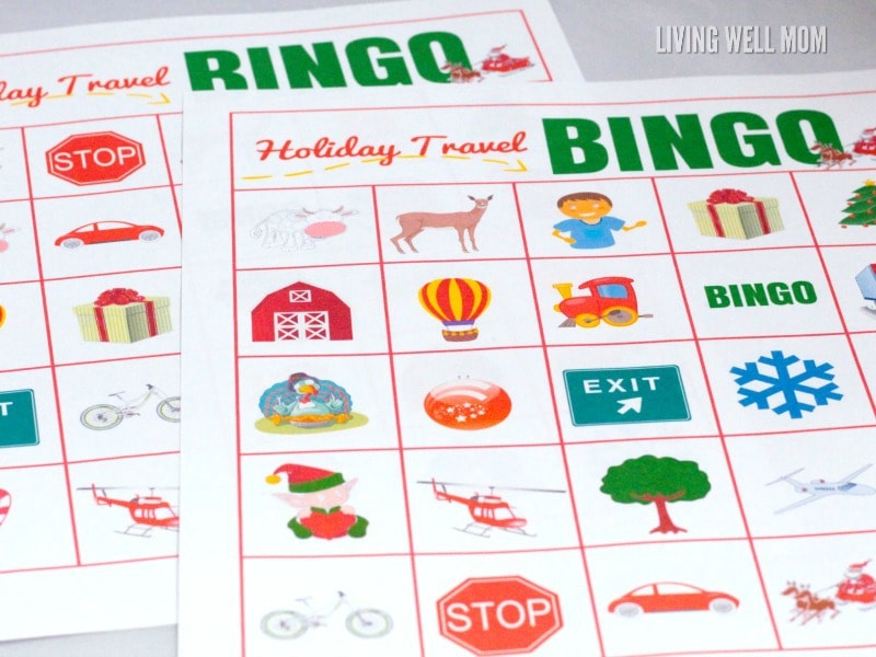 printable travel bingo game with holiday themed images in each square