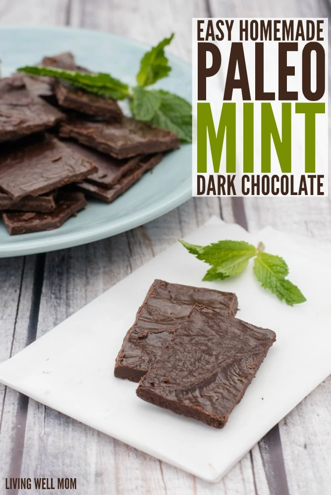 Paleo Mint Dark Chocolate recipe - with 4 simple ingredients, this delicious homemade chocolate is better for you (and cheaper!) than chocolate from the store. Plus it only takes 5 minutes to make and is dairy-free and refined sugar-free!