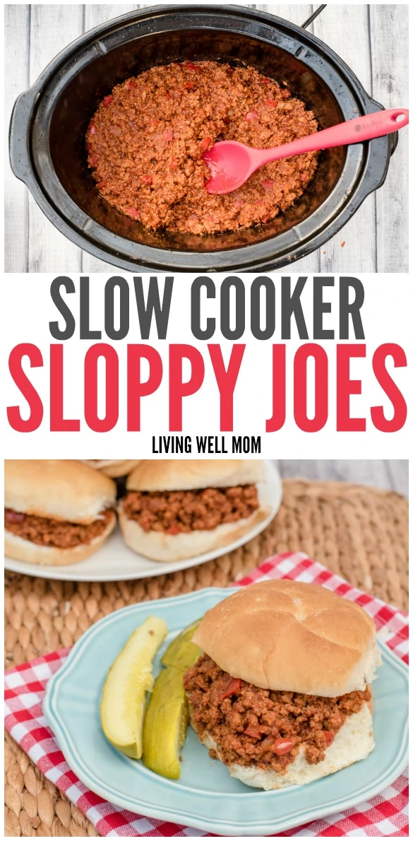 Collage of sloppy joe filling in crockpot insert and a complete plated version
