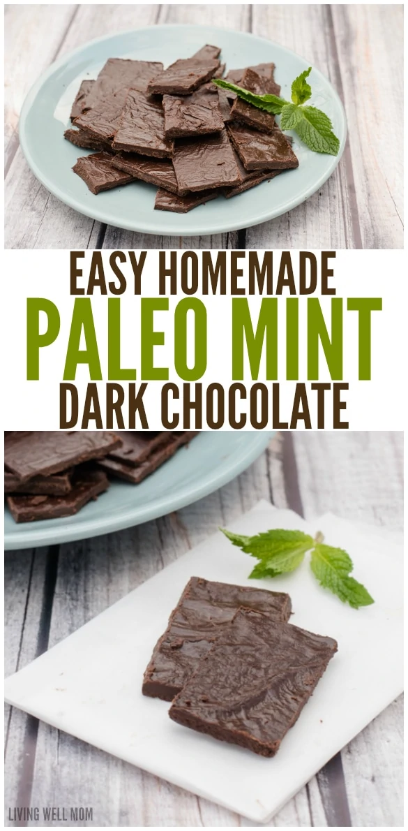 Paleo Mint Dark Chocolate recipe - with 4 simple ingredients, this delicious homemade chocolate is better for you (and cheaper!) than chocolate from the store. Plus it only takes 5 minutes to make and is dairy-free and refined sugar-free!