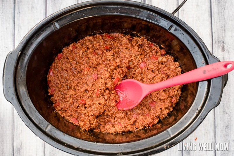 Sloppy joe filling in a slow cooker pot